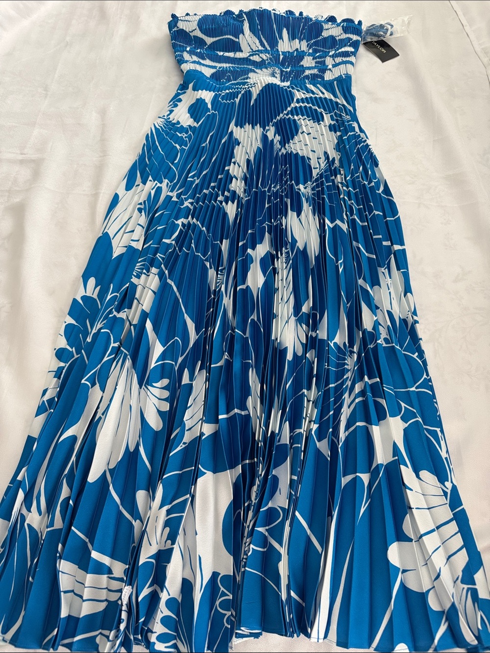 Taylor Blue and White Floral Pleated Maxi Skirt